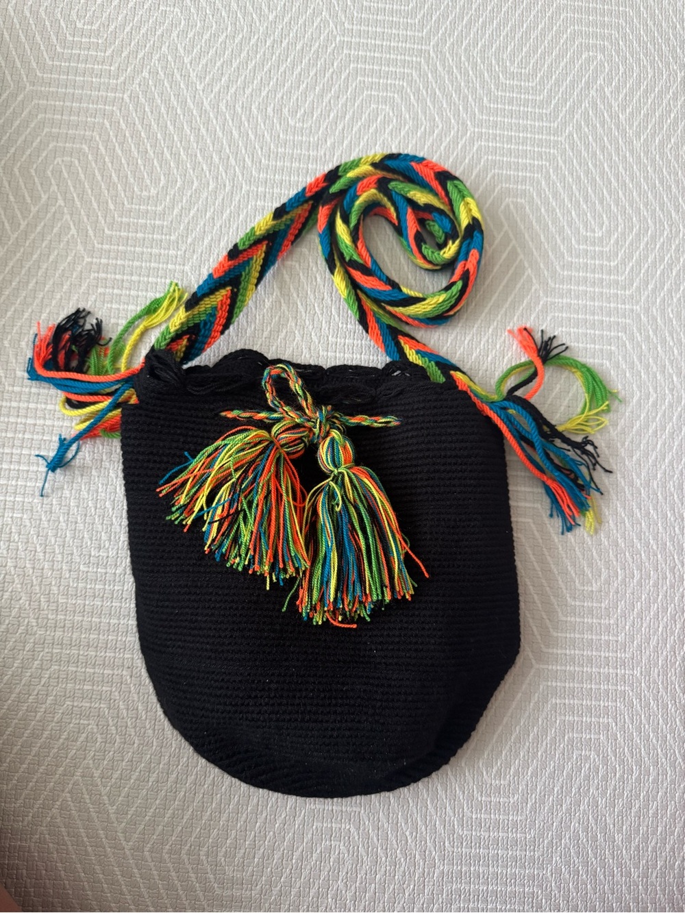 Black Crochet Crossbody Bag with Multicolor Braided Strap
